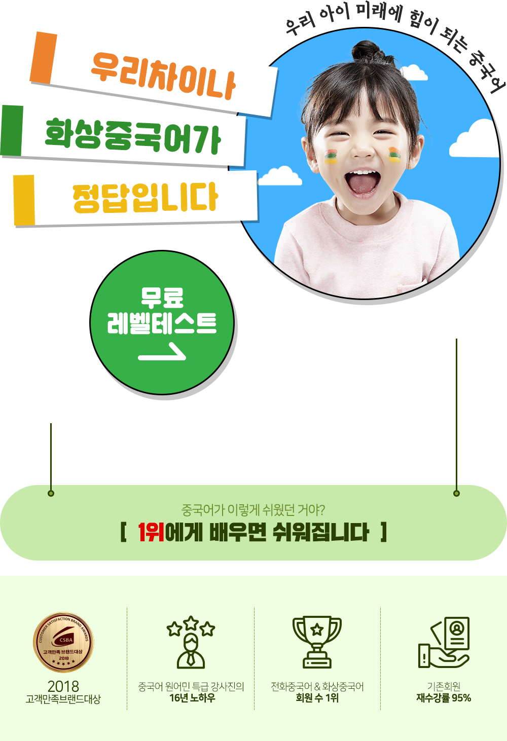 우리차이나 화상중국어가 정답입니다. / 우리 아이 미래에 힘이 되는 중국어 / 중국어가 이렇게 쉬웠던 거야? 1위에게 배우면 쉬워집니다 / 2018 고객만족브랜드 대상 / 중국어 원어민 특급 강사진의 16년 노하우 / 전화중국어 & 화상중국어 회원 수 1위 / 기존회원 재수강률 95%